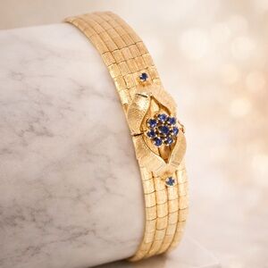 Vintage 18K Gold Sapphire Bracelet – Mid Century Floral Clasp